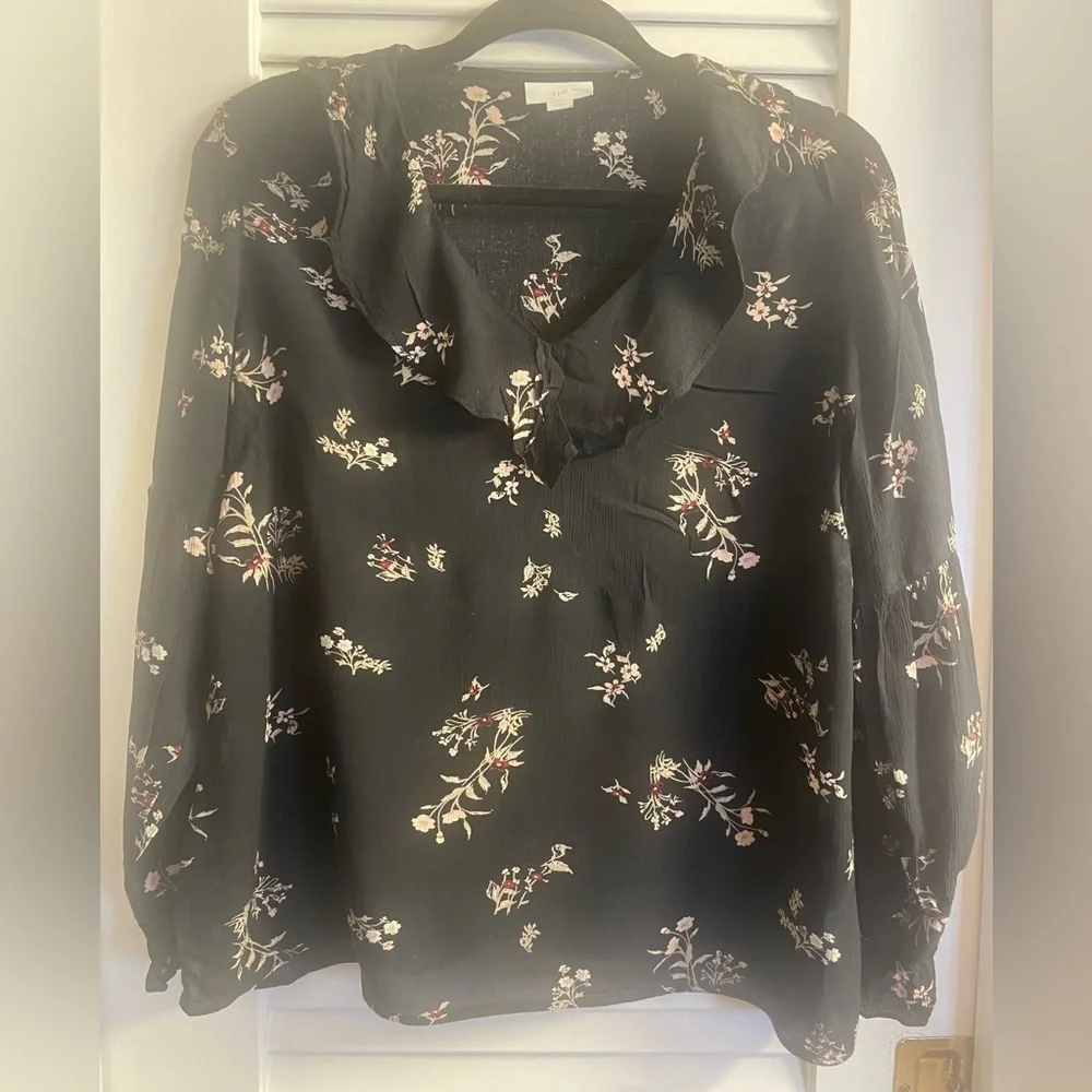 J.Jill Size PM Black and White Boxy Blouse with Cuffed Sleeves and Sailor Collar - Picture 1 of 7